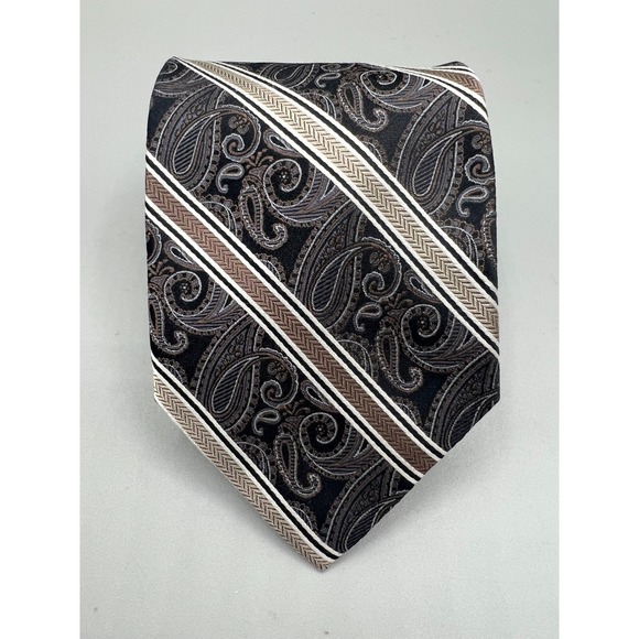 PRONTO UOMO 100% Silk Necktie Paisley Striped Black Brown Stripe L:60" W:3.75" - Picture 3 of 10